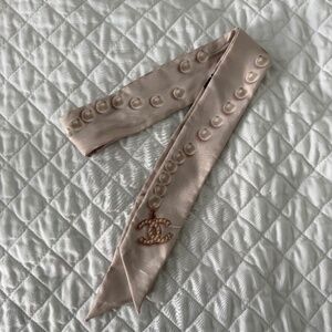 CHANEL Beige Pink Silk Logo Bow Scarf